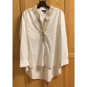 ZOZO Medium Ivory Embroidered Shirt V Neck & Roll Up Sleeve Tunic